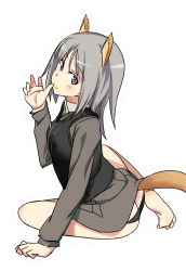Rule 34 | 10s, 1girl, animal ears, bad id, bad pixiv id, bare legs, barefoot, black panties, brave witches, butt crack, edytha rossmann, food, food on face, fox ears, fox tail, full body, grey eyes, grey hair, licking, licking finger, military, military uniform, ningen (ningen96), ningen (ningen (96), panties, short hair, simple background, solo, strike witches, tail, underwear, uniform, vest, white background, world witches series