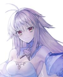 Rule 34 | 1girl, absurdres, antenna hair, archetype earth, arcueid brunestud, bambi, bare shoulders, blonde hair, breasts, cleavage, detached collar, detached sleeves, dress, fate/grand order, fate (series), highres, large breasts, long hair, looking at viewer, princess outfit, red eyes, sidelocks, single hair intake, smile, solo, strapless, strapless dress, tsukihime, upper body, white dress