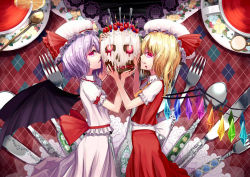 Rule 34 | 2girls, argyle, argyle background, argyle clothes, ascot, bat wings, blonde hair, cake, crystal, cup, flandre scarlet, food, fork, hat, hat ribbon, light purple hair, looking at viewer, mob cap, multiple girls, open mouth, optical illusion, profile, puffy sleeves, red eyes, remilia scarlet, ribbon, sash, saucer, shiroori kanade, shirt, short sleeves, siblings, side ponytail, sisters, skirt, skirt set, smile, spoon, teacup, tongue, tongue out, touhou, vest, wings