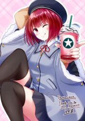 Rule 34 | 1girl, arima kana, beret, black thighhighs, blush, bob cut, commentary request, commission, cup, english text, food, hair between eyes, hat, highres, hinata tino, holding, holding cup, ice cream, long sleeves, miniskirt, oshi no ko, puffy long sleeves, puffy sleeves, red eyes, red hair, short hair, skeb commission, skirt, smile, solo, thighhighs, tongue, tongue out