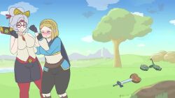 Rule 34 | 1boy, 2girls, abs, animated, blonde hair, blush, bouncing breasts, breast punch, breasts, crucifixion, dangoheart animation, diamond (gemstone), embarrassed, food, glasses, hudson (zelda), korok, large breasts, laughing, leggings, link, master sword, meat, mecha, multiple girls, nintendo, open mouth, outdoors, photo (object), pointy ears, pout, princess zelda, purah, purah pad, raw meat, robot, rocket, selfie, shield, sound, tagme, the legend of zelda, the legend of zelda: tears of the kingdom, tree, video, water, waterfall, white hair