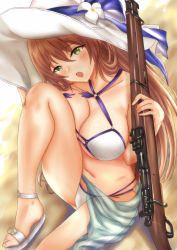 Rule 34 | 1girl, artist request, bikini, blush, bolt action, breasts, brown hair, cleavage, girls&#039; frontline, green eyes, gun, hat, large breasts, long hair, looking at viewer, m1903 springfield, official alternate costume, open mouth, rifle, sarong, sitting, solo, springfield (girls&#039; frontline), springfield (stirring mermaid) (girls&#039; frontline), sun hat, swimsuit, torn bikini, torn clothes, wardrobe malfunction, weapon