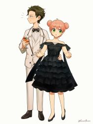 Rule 34 | 1boy, 1girl, absurdres, aged up, angry, anya (spy x family), black bow, black bowtie, black dress, black footwear, black hair, blush, bow, bowtie, cup, damian desmond, double bun, dress, ducartoon, formal, green eyes, hair between eyes, hair bun, high heels, highres, holding, holding cup, jacket, jealous, open mouth, pants, pink hair, shirt, shoes, short hair, spy x family, standing, suit, vest, white jacket, white pants, white shirt, white suit, white vest
