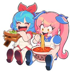 Rule 34 | 2girls, ^ ^, apron, between legs, blue bow, blue dress, blue footwear, blue hair, blush, bow, bow hairband, chibi, chopsticks, closed eyes, commentary request, dress, eating, food, gashi-gashi, hair bow, hairband, highres, holding, holding chopsticks, holding food, long hair, looking at food, multiple girls, multiple hair bows, noodles, omega rei, omega rio, omega sisters, open mouth, outstretched legs, pink hair, puffy short sleeves, puffy sleeves, ramen, red bow, red footwear, red shirt, red shorts, sandwich, shirt, shoes, short dress, short hair, short sleeves, shorts, side-by-side, simple background, smile, steam, thighhighs, trading card, twintails, virtual youtuber, white apron, white background, white thighhighs, yellow eyes, yu-gi-oh!