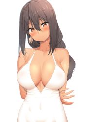 Rule 34 | 1girl, arms behind back, azur lane, b-ginga, bare shoulders, black hair, blush, breasts, brown eyes, cleavage, closed mouth, collarbone, covered navel, dark-skinned female, dark skin, dress, earrings, feather earrings, feathers, hair between eyes, head tilt, jewelry, large breasts, light smile, long hair, looking at viewer, revision, simple background, solo, south dakota (azur lane), south dakota (solo concert) (azur lane), upper body, white background, white dress