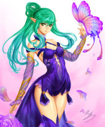 Rule 34 | aqua hair, arm warmers, bare shoulders, blue nails, breasts, bug, butterfly, butterfly on hand, cleavage, dress, eiwa, elf, fantasy, gradient background, green eyes, hair rings, insect, jewelry, looking at viewer, medium breasts, nail polish, original, pink background, pointy ears, ponytail, purple dress, ring, sidelocks, simple background, solo, standing