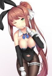 Rule 34 | 1girl, ;), absurdres, animal ears, bare shoulders, blush, breasts, bridal garter, brown hair, brown pantyhose, cleavage, clothing cutout, collarbone, commentary, cowboy shot, detached collar, doki doki literature club, elbow gloves, english commentary, fake animal ears, female focus, finger to mouth, gloves, gluteal fold, gradient background, green eyes, hair ribbon, head tilt, heart, heart-shaped pupils, heart pasties, highres, leaning forward, leotard, long hair, looking at viewer, medium breasts, monika (doki doki literature club), navel, navel cutout, one eye closed, pantyhose, pasties, playboy bunny, ponytail, rabbit ears, ribbon, simple background, smile, solo, symbol-shaped pupils, thigh gap, thighband pantyhose, tsukimaru, very long hair, white ribbon, wrist cuffs