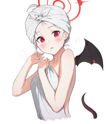 Rule 34 | 1girl, auui, black tail, black wings, blue archive, collarbone, demon wings, grey hair, halo, haruna (blue archive), highres, red eyes, red halo, simple background, single wing, solo, towel, towel on head, upper body, white background, wings