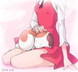 Rule 34 | 1girl, breasts, cat, dress, gegege no kitarou, haruyama kazunori, nekomusume, nekomusume (gegege no kitarou 6), petting, red dress, shirt, sitting, sleeping, white shirt