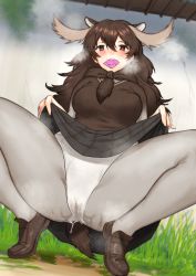 Rule 34 | 1girl, animal ears, black skirt, breast pocket, breath, brown eyes, brown hair, cameltoe, clothes lift, commission, condom, condom in mouth, condom wrapper, day, dripping, extra ears, fingernails, flipped hair, from below, grass, grey hair, grey pantyhose, hair between eyes, heart, heart-shaped pupils, highres, hihiyama yokikana, in heat, kemono friends, lifting own clothes, long hair, long sleeves, looking at viewer, moose (kemono friends), moose ears, moose tail, mouth hold, multicolored hair, outdoors, panties, panties over pantyhose, pantyhose, pocket, pussy juice, scarf, shoes, skeb commission, skirt, skirt lift, smile, solo, spread legs, squatting, sweat, sweater, symbol-shaped pupils, tail, tiptoes, two-tone hair, underwear, wall, wet, white panties