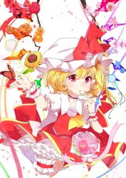 Rule 34 | 1girl, ametama (runarunaruta5656), ascot, back bow, black choker, blonde hair, blue flower, blush, bow, bubble, bug, butterfly, choker, commentary, crystal, dot nose, english commentary, eyelashes, flandre scarlet, flat chest, flower, frills, gold trim, hat, hat ribbon, highres, insect, mob cap, one side up, open mouth, orange flower, petticoat, pink flower, pink ribbon, pointy ears, puffy short sleeves, puffy sleeves, purple flower, rainbow order, red eyes, red ribbon, red skirt, red vest, ribbon, sash, short hair, short sleeves, side ponytail, skirt, solo, sunflower, thigh strap, touhou, vest, white background, white sash, wings, wrist cuffs, yellow ascot