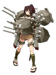 Rule 34 | 1girl, brown eyes, brown hair, full body, hair ribbon, high ponytail, ise (kancolle), kantai collection, katana, leg wrap, long hair, looking to the side, official art, open mouth, ponytail, red ribbon, ribbon, rigging, sandals, sheath, sheathed, shibafu (glock23), skirt, solo, sword, tabi, transparent background, turret, weapon