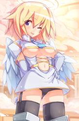 1girl :p angel_wings blonde_hair blue_eyes breasts female_focus garter_belt halo ooyama_kina panties pantyshot solo thighhighs tongue tongue_out underboob underwear wings