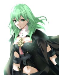 Rule 34 | 1girl, black cape, black shirt, breasts, byleth (female) (fire emblem), byleth (fire emblem), cape, clothing cutout, commentary request, fire emblem, fire emblem: three houses, green eyes, green hair, highres, kakiko210, long hair, medium breasts, navel, navel cutout, nintendo, shirt, shoulder pads, simple background, solo, upper body, white background