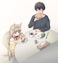 Rule 34 | 1boy, 1girl, 40hara, animal ear fluff, animal ears, black hair, bread slice, cat ears, cat girl, cat tail, chair, coffee mug, collar, commentary request, cup, eating, egg (food), food, fork, green eyes, holding, holding food, holding spoon, indoors, kinako (40hara), mug, off shoulder, original, oversized clothes, oversized shirt, plate, sausage, shirt, short hair, smile, spoon, table, tail, tissue box, toast