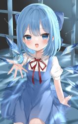 Rule 34 | 1girl, apple, blue bow, blue dress, blue eyes, blue hair, bow, cirno, collared shirt, dress, food, fruit, hair bow, highres, ice, ice wings, looking at viewer, neck ribbon, okome2028, open mouth, puffy short sleeves, puffy sleeves, red ribbon, ribbon, shirt, short sleeves, solo, touhou, white shirt, wings