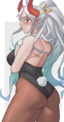 Rule 34 | 1girl, ahoge, aqua hair, arm under breasts, ass, backless leotard, black leotard, blue hair, blush, breasts, brown eyes, cowboy shot, funi xd, hair ornament, hair stick, high ponytail, highres, horns, large breasts, leotard, long hair, multicolored hair, one piece, oni, orange horns, pantyhose, playboy bunny, rabbit tail, red horns, sidelocks, solo, tail, very long hair, white background, white hair, white tail, yamato (one piece)