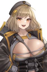 Rule 34 | 1girl, :d, absurdres, anis (nikke), beret, black jacket, breasts, brown hair, goddess of victory: nikke, grey hat, hair ornament, hat, highres, jacket, kurone rinka, large breasts, looking at viewer, open mouth, orange eyes, short hair, simple background, smile, solo, white background