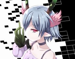 Rule 34 | 10s, 1girl, binsen, blue hair, c (control), collar, eating, female focus, head wings, horns, midas money, pointy ears, q (control), red eyes, short hair, simple background, solo, white background, wings