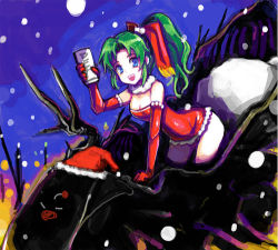Rule 34 | 1990s (style), 1girl, bare shoulders, blue eyes, breasts, can, choker, christmas, elbow gloves, female focus, final fantasy, final fantasy vi, gloves, green hair, hat, kara (color), long hair, lowres, open mouth, outdoors, ponytail, santa hat, sky, snow, solo, tina branford