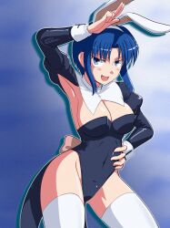 animal_ears armpits black_leotard blue_background blue_eyes blue_hair blush breasts ciel_(tsukihime) cowboy_shot fake_animal_ears highleg highleg_leotard highres kouma_bonmaid large_breasts leotard playboy_bunny rabbit_ears salute smug strapless strapless_leotard thighhighs tsukihime two-finger_salute white_thighhighs