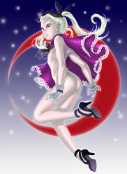 Rule 34 | 1girl, ass, bad id, bad pixiv id, crescent moon, dance in the vampire bund, flat chest, high heels, long hair, mihoto kouji, mina tepes, moon, nude, pale skin, red eyes, red moon, shoes, solo, twintails