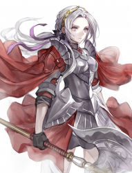 Rule 34 | 1girl, armor, axe, breasts, edelgard von hresvelg, fire emblem, fire emblem: three houses, fire emblem warriors, fire emblem warriors: three hopes, gloves, highres, long hair, looking at viewer, nintendo, official alternate costume, official alternate hairstyle, purple eyes, ribbon, senano-yu, simple background, solo, thighhighs, thighs, weapon, white background, white hair, zettai ryouiki