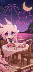 Rule 34 | 1girl, absurdres, animal ears, chair, character request, chibi, chinese commentary, closed mouth, crescent, cup, drink, earrings, eta, fireworks, food, fox girl, hair between eyes, highres, holding, holding fireworks, honkai (series), honkai impact 3rd, jewelry, long hair, looking at viewer, moon, mountain, night, night sky, ocean, official art, official wallpaper, onigiri, outdoors, petals, pink hair, side ponytail, sitting, sky, sleeveless, smile, solo, table, wallpaper, yae sakura