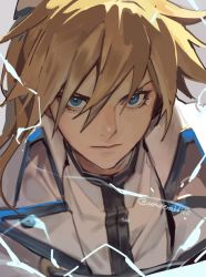 Rule 34 | 1boy, arc system works, blonde hair, blue eyes, electricity, grey background, guilty gear, guilty gear xrd, hair between eyes, highres, jacket, ky kiske, lightning, long hair, looking at viewer, male focus, ponytail, profile, serious, shaded face, shirt, simple background, uncle rabbit ii, white jacket, white shirt