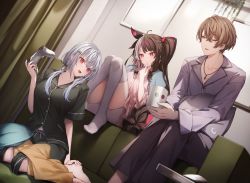 Rule 34 | 1boy, 2girls, absurdres, alternate costume, brown eyes, brown hair, couch, cup, finger to mouth, grey hair, hair ornament, hair ribbon, hairclip, hakase fuyuki, highres, holding, holding cup, indoors, jewelry, kagami hayato, light brown hair, long sleeves, looking at another, low twintails, mirror, multicolored hair, multiple girls, necklace, nijisanji, official art, pillow, pink eyes, red eyes, ribbon, sitting, smile, twintails, two-tone hair, virtual youtuber, white hair, white legwear, yorumi rena