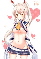 Rule 34 | 1girl, absurdres, ayanami (azur lane), azur lane, bandaid, bandaid on arm, bandaids on nipples, bare shoulders, belt, blue sailor collar, blue skirt, breasts, brown eyes, bunnyjiry (jirynyang), clothes in mouth, clothes lift, commentary, cowboy shot, crop top, detached sleeves, groin, hair ornament, headgear, heart, high ponytail, highres, lifted by self, light brown hair, long hair, long sleeves, medium breasts, miniskirt, mouth hold, navel, pasties, pleated skirt, polka dot, ponytail, sailor collar, school uniform, serafuku, shirt, shirt in mouth, shirt lift, signature, sketch, skirt, sleeveless, sleeveless shirt, solo, symbol-only commentary, very long hair, white belt, white shirt, yellow neckwear