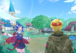 Rule 34 | 19670615t, 1boy, 1girl, ahoge, bench, bird, blonde hair, blue hair, blush, bridge, building, cape, claude c. kenny, cloud, headband, highres, jacket, open mouth, pointy ears, pond, red cape, rena lanford, short hair, skirt, smile, star ocean, star ocean the second story, town, tree
