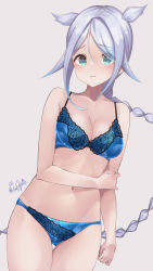 Rule 34 | 1girl, absurdres, blue bra, blue eyes, blue panties, bra, braid, breasts, collarbone, embarrassed, gluteal fold, grey background, haggy, hair flaps, highres, kantai collection, long hair, looking at viewer, medium breasts, mole, mole under eye, panties, signature, simple background, single braid, solo, twitter username, umikaze (kancolle), umikaze kai ni (kancolle), underwear, underwear only, very long hair, white hair