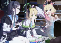 Rule 34 | 4girls, absurdly long hair, absurdres, aris (blue archive), black hair, black skirt, black thighhighs, blonde hair, blue archive, blue eyes, blue halo, blue necktie, cat tail, closed mouth, collared shirt, controller, fang, game controller, game development department (blue archive), green eyes, green halo, halo, highres, holding, holding controller, holding game controller, indoors, jacket, long hair, long sleeves, midori (blue archive), momoi (blue archive), multiple girls, necktie, open mouth, pink halo, pleated skirt, shirt, shoes, short hair, siblings, sisters, skin fang, skirt, smile, tail, television, thighhighs, twins, very long hair, white footwear, white jacket, white shirt, yuzu (blue archive), zhanzheng zi