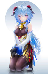 Rule 34 | 1girl, absurdres, ahoge, bad id, bad pixiv id, bell, black gloves, blue hair, bodystocking, chinese knot, cowbell, detached sleeves, dress, eyebrows hidden by hair, full body, ganyu (genshin impact), genshin impact, gloves, goat horns, hair between eyes, hair over shoulder, hand on own thigh, high heels, highres, horns, kneeling, long hair, looking at viewer, ojay tkym, parted lips, purple eyes, reflection, revision, solo, tassel, thighs, white background, white dress, white footwear, wide sleeves