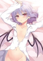 Rule 34 | 1girl, arm up, bat wings, bed sheet, beni kurage, blush, bottomless, collarbone, commentary, cowboy shot, groin, hair between eyes, highres, light purple hair, long sleeves, looking at viewer, lying, navel, no headwear, on back, out-of-frame censoring, partially unbuttoned, red eyes, remilia scarlet, shirt, short hair, solo, symbol-only commentary, touhou, white shirt, wings