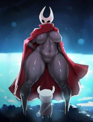 Rule 34 | 1boy, 1girl, black skin, blade, blush, breasts, cape, cloak, colored skin, full body, furry, helmet, hollow knight, hornet (hollow knight), horns, jujunaught, knight (hollow knight), large breasts, night, nude, pussy, size difference, standing, thick thighs, thighs, weapon, white headwear, wide hips