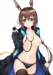Rule 34 | 1girl, :o, alternate breast size, amiya (arknights), animal ears, arknights, black coat, black panties, black thighhighs, blue bow, blue eyes, blush, bow, bow panties, breasts, breasts out, brown hair, coat, collarbone, commentary, cowboy shot, english commentary, highres, holding, linez, long hair, long sleeves, looking at viewer, medium breasts, nipples, no bra, open clothes, open coat, panties, parted lips, rabbit ears, sidelocks, simple background, solo, stethoscope, tareme, thighhighs, underwear, very long hair, white background