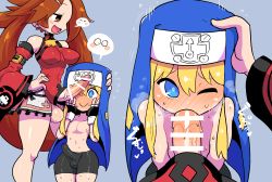 Rule 34 | 1boy, 1girl, :d, absurdres, blonde hair, blue eyes, blush, breasts, bridget (guilty gear), brown eyes, brown hair, bulge, censored, china dress, chinese clothes, closed mouth, detached sleeves, dress, erection, erection under clothes, fellatio, female pov, fingerless gloves, full-face blush, futa with male, futanari, futanari pov, gloves, guilty gear, guilty gear xx, habit, hand on another&#039;s head, highres, kneeling, kuradoberi jam, large penis, large testicles, long hair, multiple views, one eye closed, open mouth, oral, penis, penis awe, penis on face, pov, rariatto (ganguri), saliva, smile, standing, sweat, testicles, trap, veins, veiny penis