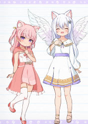 Rule 34 | 2girls, :d, ^ ^, animal ear fluff, animal ears, blush, breasts, cape, center frills, closed eyes, closed mouth, collarbone, dress, facing viewer, feathered wings, frills, hair ribbon, hand up, highres, long hair, multiple girls, nekono rin, open mouth, original, pink hair, pink skirt, purple eyes, red cape, red footwear, ribbon, sandals, shirt, shoes, skirt, small breasts, smile, standing, standing on one leg, thighhighs, two side up, very long hair, white dress, white hair, white shirt, white thighhighs, white wings, wings, yellow ribbon
