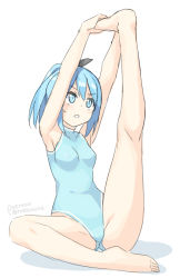 Rule 34 | 1girl, arms up, bare arms, bare legs, bare shoulders, barefoot, black ribbon, blue eyes, blue hair, blue leotard, blush, breasts, full body, gluteal fold, groin, hair ribbon, hatsunatsu, leg up, leotard, original, parted lips, ribbon, shadow, sidelocks, small breasts, solo, sweat, twitter username, v-shaped eyebrows, white background