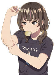 Rule 34 | 1girl, arm up, black shirt, blush, brown hair, budgerigar (bird), chips (food), food, mattaku mousuke, mouth hold, original, pinching, potato chips, shirt, short twintails, simple background, solo, sweatdrop, twintails, upper body, white background