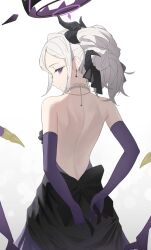 1girl back black_dress blue_archive demon_girl demon_tail demon_wings dress fangfangtu hina_(blue_archive) hina_(dress)_(blue_archive) looking_at_viewer purple_eyes simple_background solo tail upper_body white_background white_hair wings