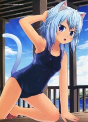 Rule 34 | 1girl, amamiya minato, animal ears, arm behind head, arm support, armpits, blue eyes, blue hair, breasts, cameltoe, cat ears, cat tail, covered navel, day, female focus, flat chest, hand on own head, matching hair/eyes, one-piece swimsuit, open mouth, original, outdoors, scan, school swimsuit, short hair, small breasts, solo, swimsuit, tail