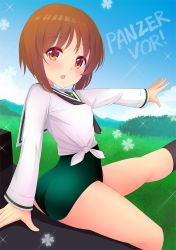 Rule 34 | 10s, 1girl, brown eyes, brown hair, girls und panzer, green one-piece swimsuit, nishizumi miho, no pants, one-piece swimsuit, ooarai school uniform, school swimsuit, school uniform, serafuku, short hair, sitting, solo, swimsuit, swimsuit under clothes, yoshiheihe