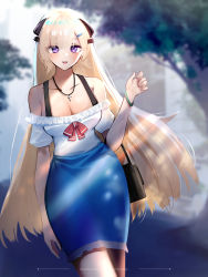 Rule 34 | 1girl, alternate costume, arm up, artist name, bag, bare shoulders, blonde hair, blue skirt, blurry, blurry background, blush, bra strap, bracelet, breasts, brown bag, casual, cleavage, collarbone, commentary, commission, cross, cross necklace, english commentary, feet out of frame, g3 (girls&#039; frontline), girls&#039; frontline, hair ornament, hairclip, highres, holding, holding bag, jewelry, ksartworks, long hair, long skirt, looking at viewer, medium breasts, necklace, open mouth, pixiv commission, purple eyes, shirt, simple background, skirt, smile, solo, standing, white shirt