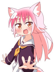 Rule 34 | 1girl, :d, animal ear fluff, animal ears, blush, brown eyes, commentary request, hana kazari, highres, long hair, long sleeves, looking at viewer, looking to the side, murenase! shiiton gakuen, neckerchief, okami ranka, open mouth, orange neckerchief, pink hair, pleated skirt, purple shirt, sailor collar, school uniform, serafuku, shiiton gakuen school uniform, shirt, simple background, skirt, smile, solo, tail, v-shaped eyebrows, very long hair, white background, white sailor collar, white skirt, wolf ears, wolf girl, wolf tail