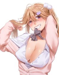 Rule 34 | 1girl, adjusting hair, bad id, bad twitter id, blush, bow, bowtie, breasts, brown eyes, brown hair, character request, cleavage, copyright request, grin, hair bobbles, hair ornament, highres, kamiyama aya, large breasts, long hair, off shoulder, revision, school uniform, seductive smile, simple background, smile, solo, undressing, upper body, white background