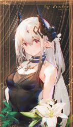 Rule 34 | 1girl, absurdres, arknights, artist name, bare shoulders, black dress, breasts, cleavage, closed mouth, collar, covered navel, dated, dress, earrings, fenrir (fenlix), flower, hair ornament, highres, horns, infection monitor (arknights), jewelry, lily (flower), long hair, looking at viewer, medium breasts, mudrock (arknights), mudrock (obsidian) (arknights), necklace, official alternate costume, one side up, pointy ears, red eyes, sleeveless, sleeveless dress, smile, solo, upper body, very long hair, white flower, white hair