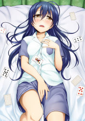 Rule 34 | 10s, 1girl, bad id, bad pixiv id, blue hair, blush, card, long hair, looking at viewer, love live!, love live! school idol festival, love live! school idol project, lying, on back, open mouth, playing card, playing games, shirt, shorts, solo, sonoda umi, suzume miku, sweatdrop, tears, yellow eyes